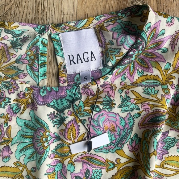 RAGA Floral Empire Waist Mini Dress Size S Rose Gold Mint Purple Boho cottage - Picture 2 of 4